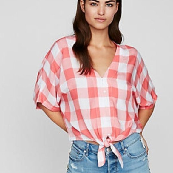 Express Tops - Express Gingham Coral Tie Front Button Down Top
